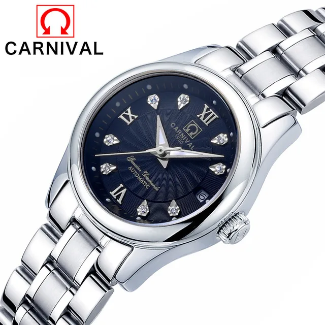 Silver Black CARNIVA Роскошные для женщин механические часы дамы водонепроницаемый кристалл сапфир Автоматические наручные часы Календарь Часы Relogio Feminino - Цвет: Silver Black