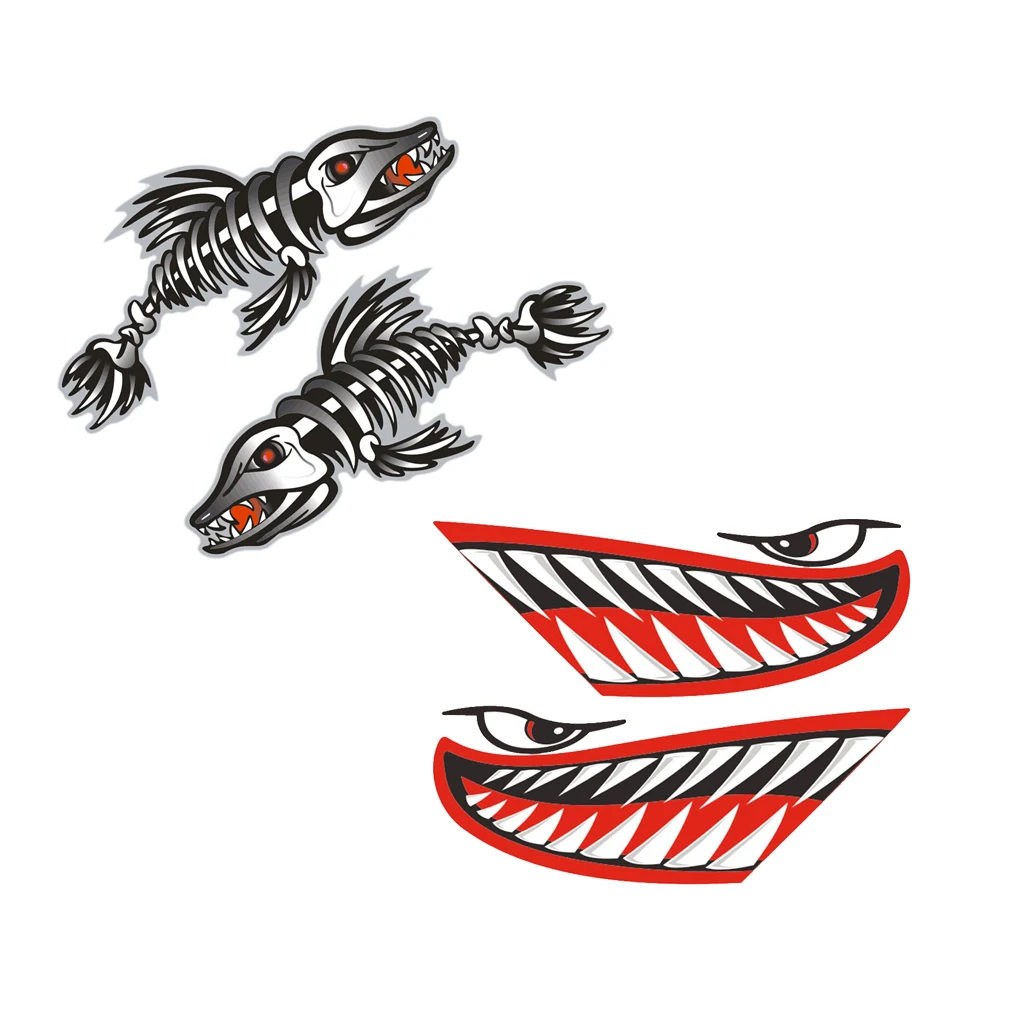 2 Pairs Shark Teeth Mouth Skeleton Fish Kayak Decals Boat Car Funny Stickers
