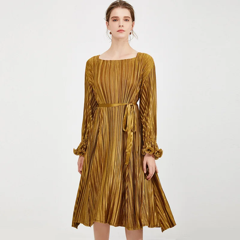 

2020 spring dress new square collar design golden yellow dress lace up slim waist A-line dress