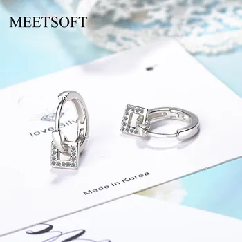 

MEETSOFT 925 Sterling Silver Prevent Allergy Hoop Earrings for Women Trendy Small Circle Crystal Square Jewelry Gift