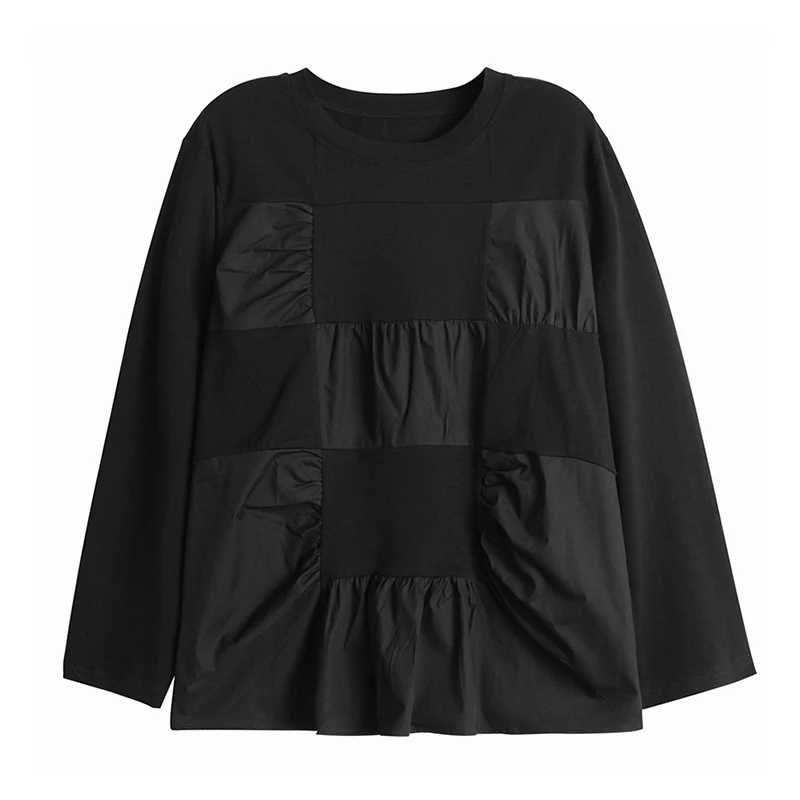 [EAM] Women black square split joint temperament T-shirt New Round Neck Long Sleeve  Fashion Tide  Spring Autumn 2020 1Z451