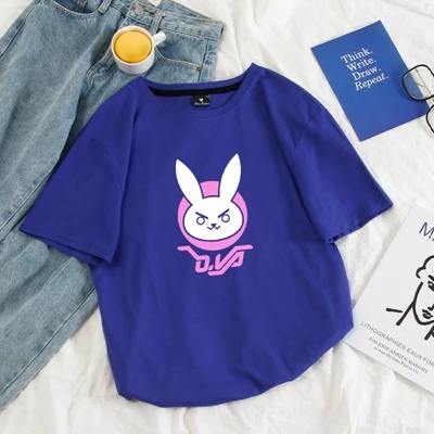 dark blue Повседневная Новая футболка женская забавная OW dva Rabbit D. VA логотип о-образный вырез с принтом Harajuku корейские футболки пастельные цвета футболки - Цвет: dark blue