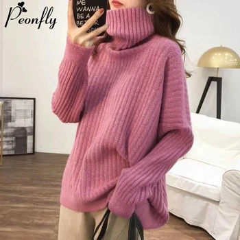 

PEONFLY Loose Turtleneck Sweater Women Casual New 2020 Spring Knitted Tops Elegant Long Sleeve Solid Fashion Jumper Violet Pink