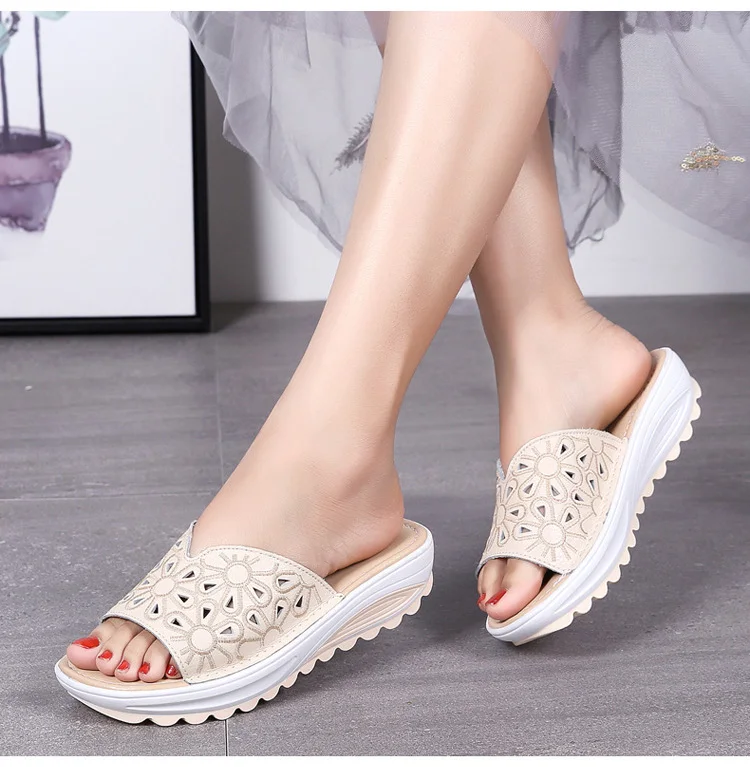 AH 1975-2020 Genuine Leather Womens Flat Slides Casual Hollows Summer Beach Flip Flops-13