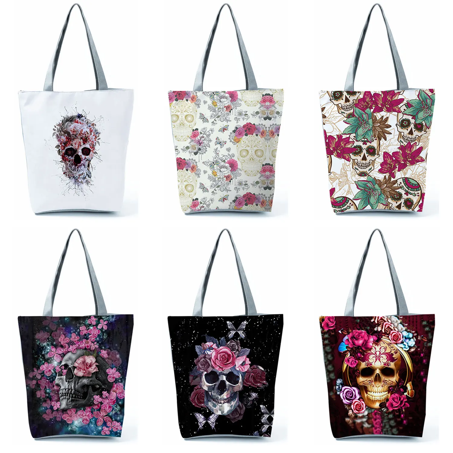 Cool Style Polyester Handbag Halloween Gift Tote Female Fashion Shoulder Bag Skull Floral Pattern Travel Bag New Trend Women Bag