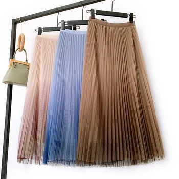

Women's Patchwork Skirt Female Spring Pleated Tulle Skirts Women Maxi Pleated Skirt Midi Elegant High Waist Skirts Tulle