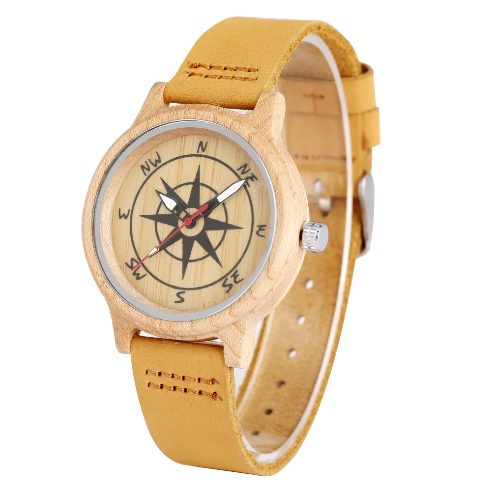Wooden Watches Leather-Band Pattern-Dial Unique Luminous Women Brown Light for Compass-Design