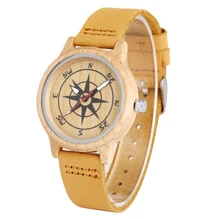 

Light Brown Leather Band Wooden Watches for Women Unique Compass Design Pattern Dial for Men Luminous Pointers relojes de mujer