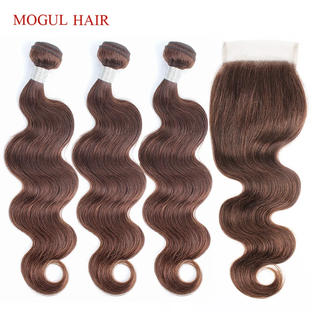 

MOGUL HAIR Brazilian Body Wave Bundles With Closure 3/4 Bundles Color 4 Chocolate Brown Non Remy Human Hair Extension 10-24 Inch