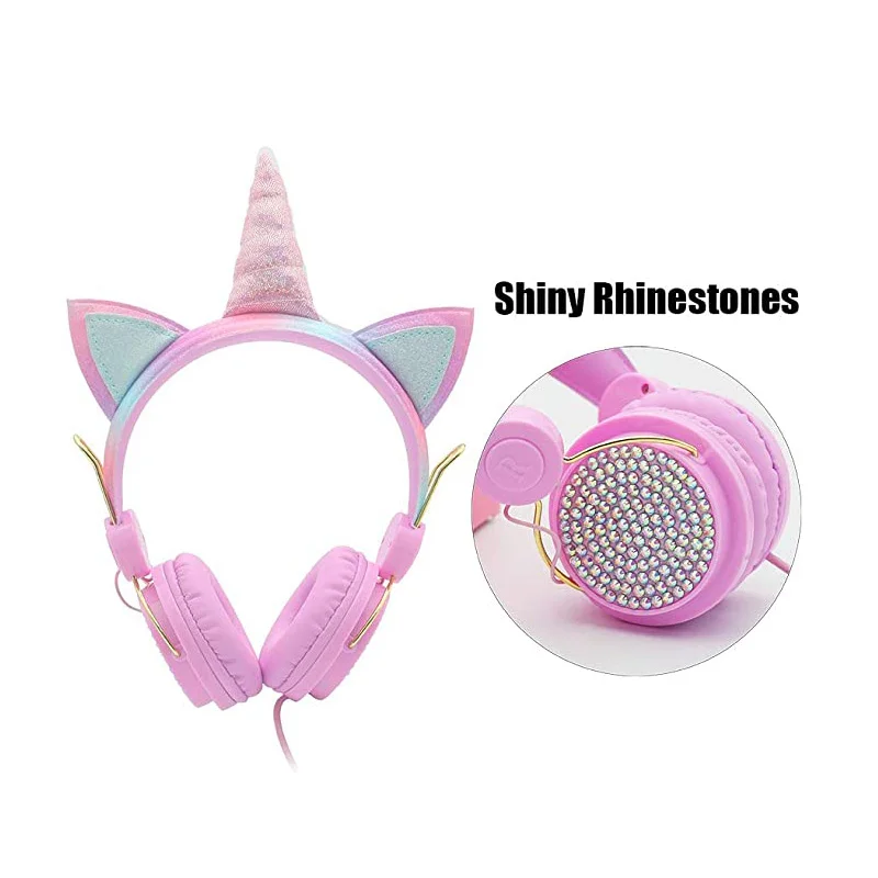 Funny Kids Headset Colorful Diamond Unicorn Girl Wired Headphones Music Stereo Phone Earphones Children Christmas Brithday Gifts