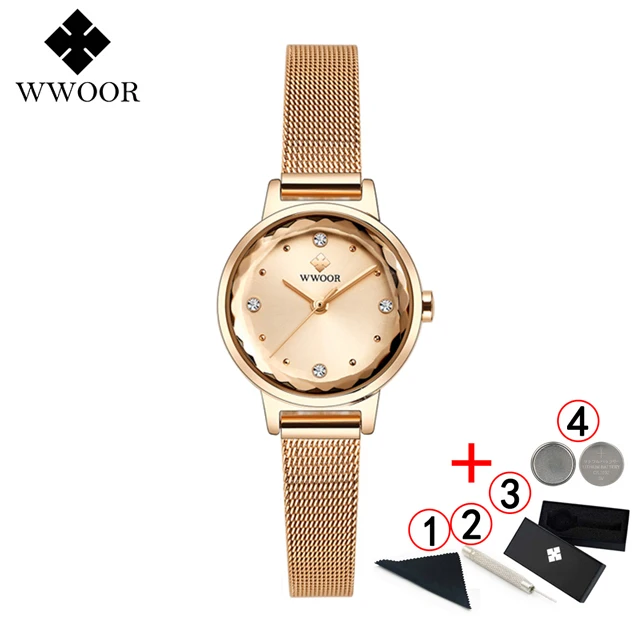 Reloj WWOOR Mujer женские часы Известные Роскошные бренды браслет из нержавеющей стали часы для женщин кварцевые женские часы - Цвет: rose gold box