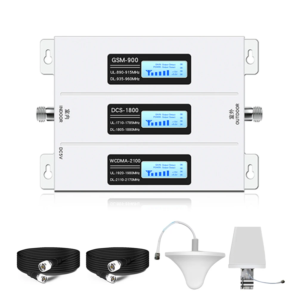 

900/1800/2100MHz Tri Band 3LCD Display Screen Mobile Phone Signal Booster 2/3/4G Cell Phone Signal Repeater Signal Amplifier Set