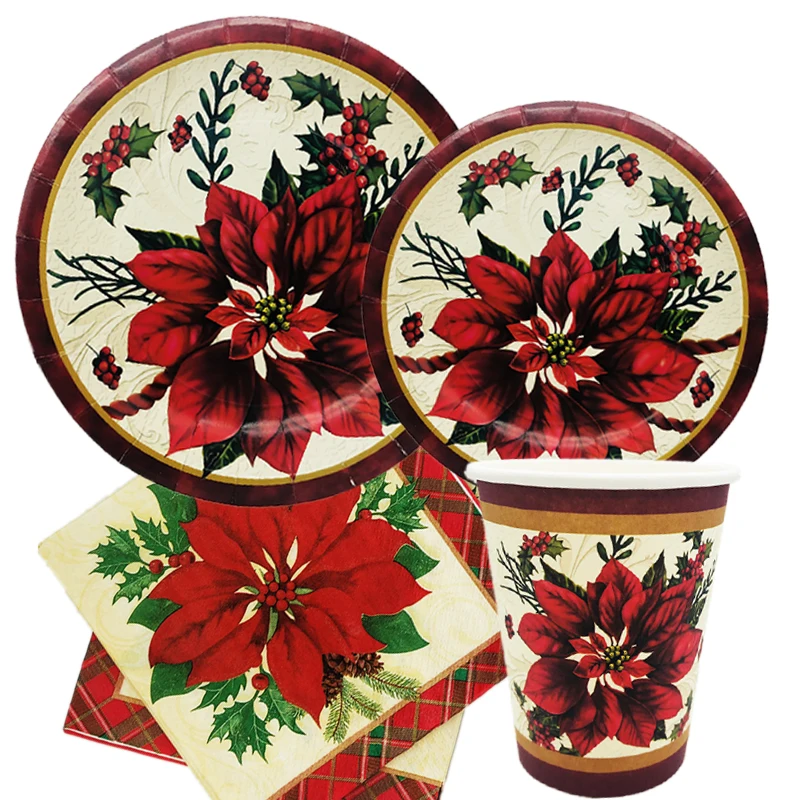 

Omilut Christmas Flowers Tree Disposable Set Decor Merry Christmas Disposable Plates Cups Napkins for Happy New Year