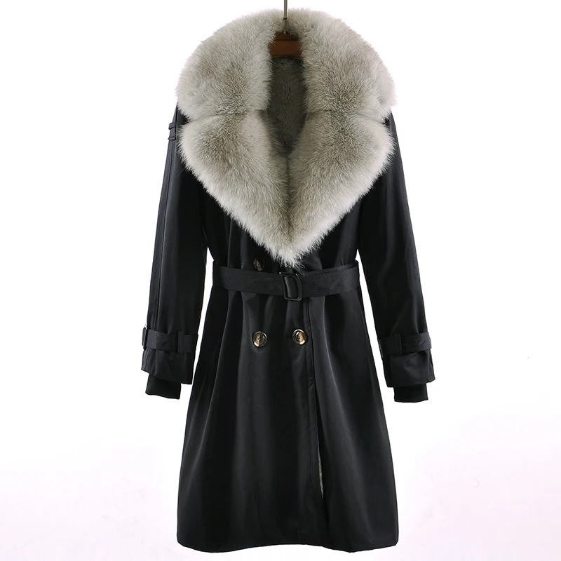 Зимнее женское пальто с поясом с большим лисьим мехом, подкладка из кроличьего меха, съемное плотное теплое пальто