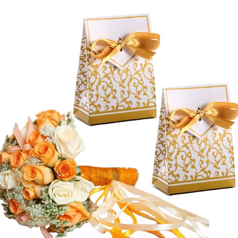 100Pcs Wedding Favour Candy Boxes Bags with Ribbon Sweet Cake Gift Party Decoration