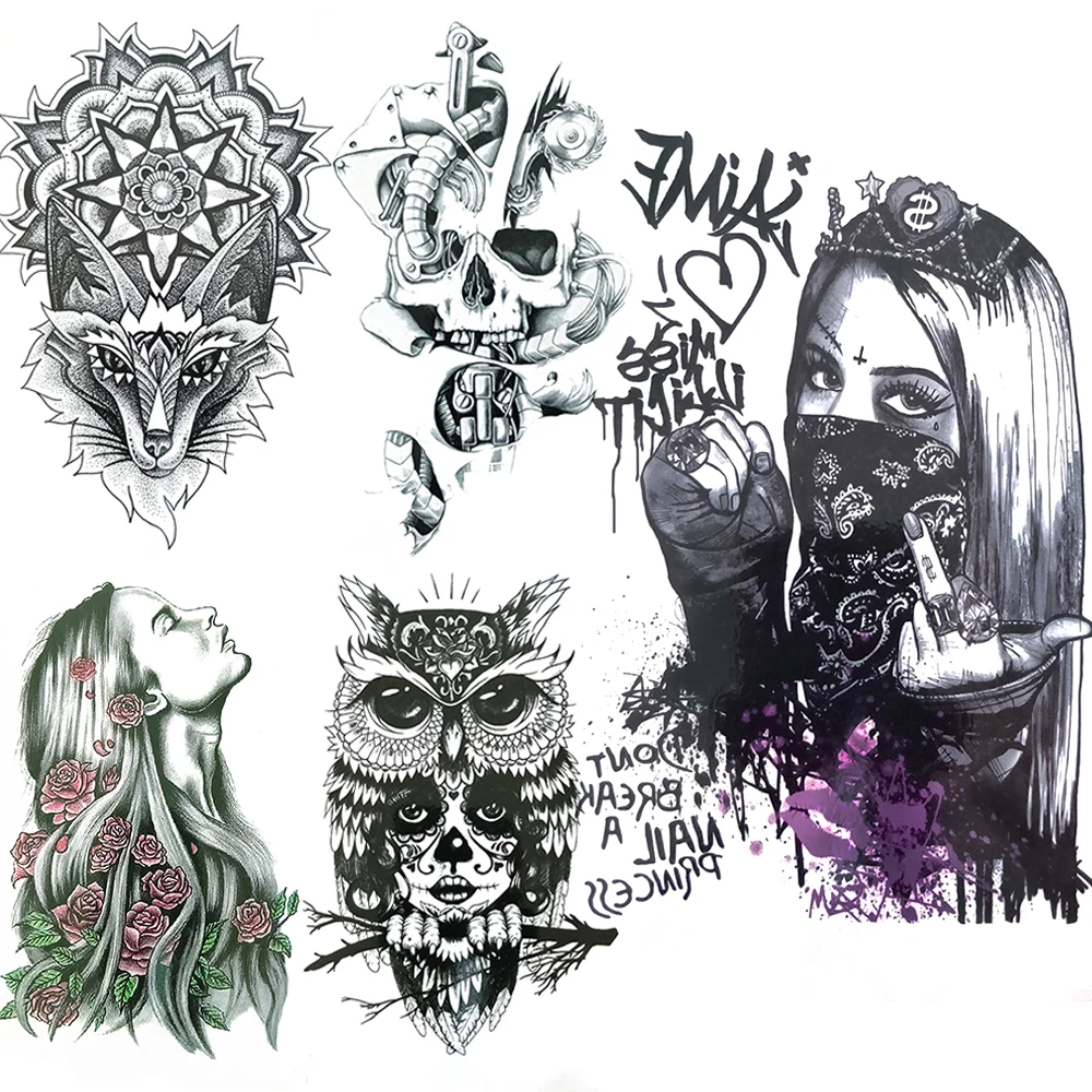 

Masked Women Temporary Tattoos For Female Men Mandala Henna Lion Tattoo Sticker Harajuku Gangster Skeleton Fake Tatoo Body Hands