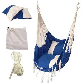 

Tassel Hanging Chair,Outdoor for Adults and Children Indoor Hanging Chair with Cushion Canvas Swing Blue