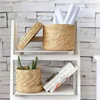 

1pc Handmade Straw Woven Storage Basket With Lid Snack Organizer Storage Box Laundry Baskets Rattan Storage Flower Basket