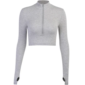 

Women's Long Sleeve T-shirt Fashion Wild Sexy Half Open Collar Zippered Cropped Top Solid Color
