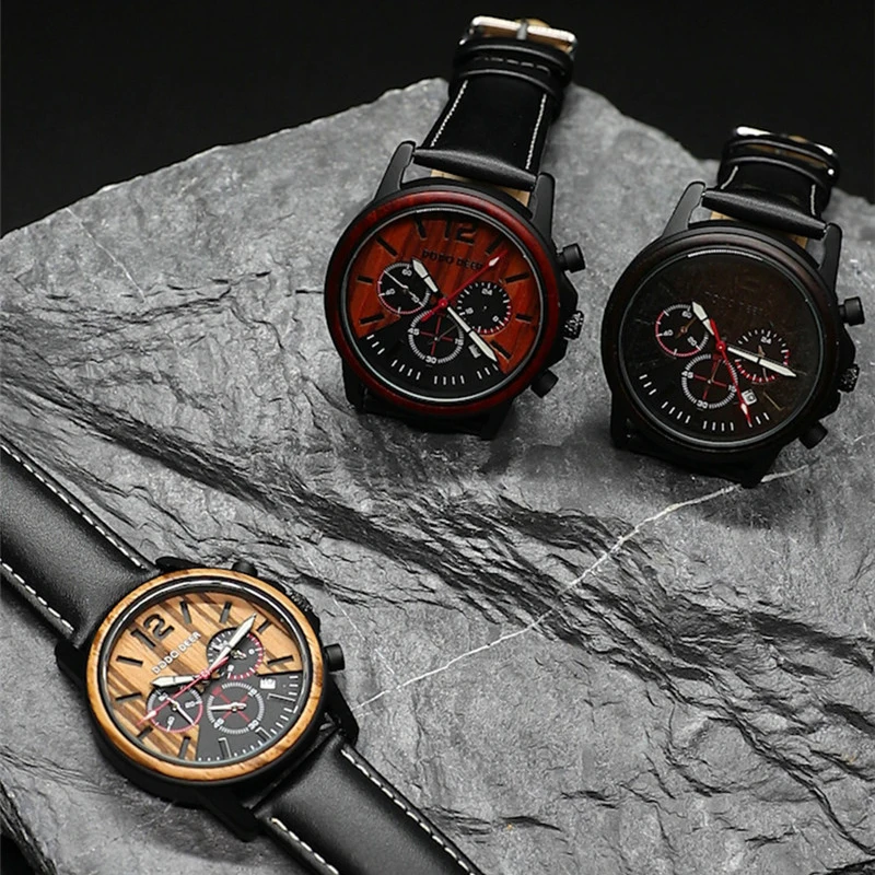 

Luxury Wood Men's Watch Stylish Wooden Timepieces Man Chronograph Quartz Watches Male relogio masculino Leather Band Watch C21
