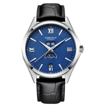 

new corgeut 40mm men watch moon phase date week month display polished case leather strap 4 styles