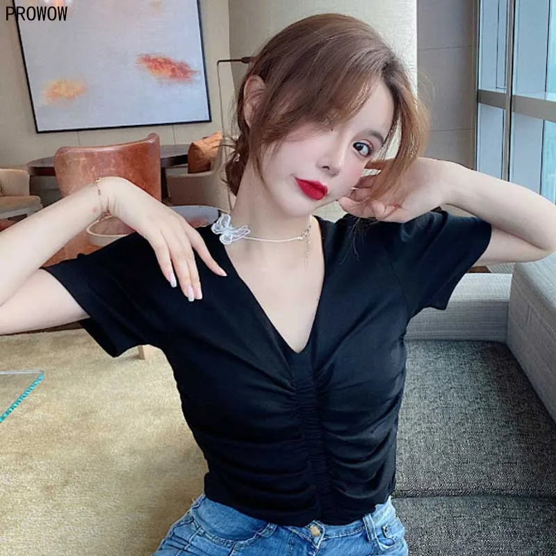Elegant V-Neck Pleated Slim Tops Women 2020 Summer New Korean Fashion Cotton Short Sleeve T-Shirt Ladies Leisure T Shirt Tops