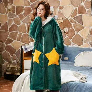 

Winter Thick Warm Hooded Robe Gown Girls Flannel Sleepwear Cute Star Coral Fleece Homewear Soft Intimate Lingerie With Button