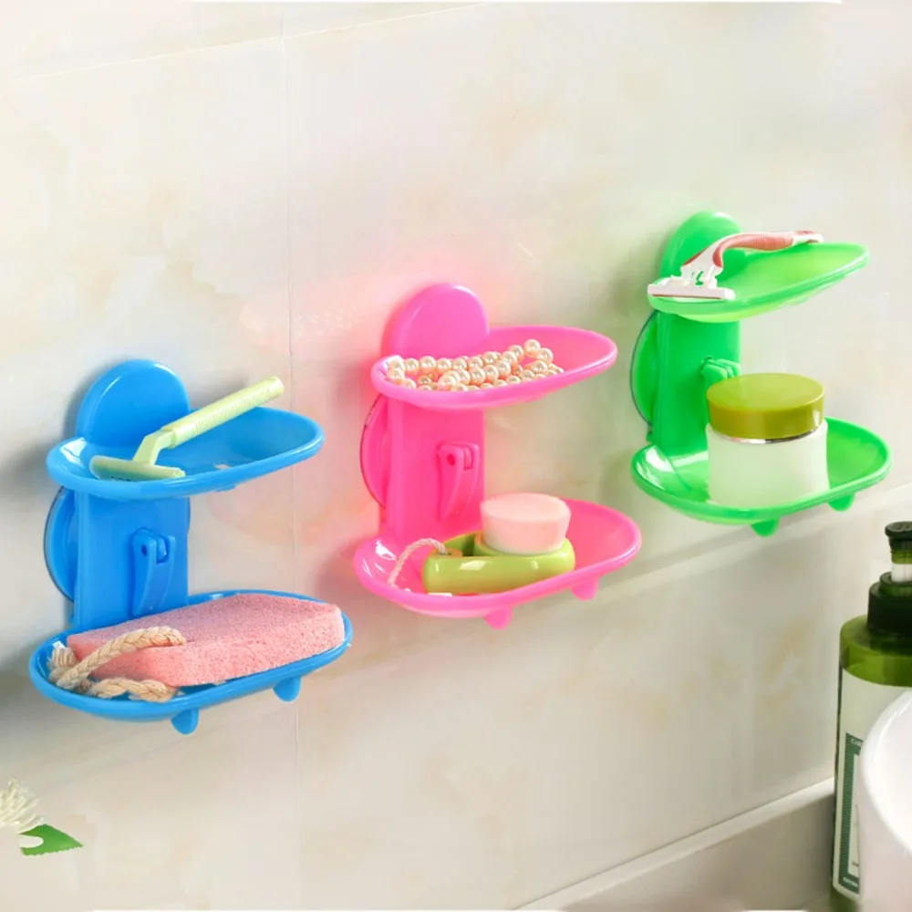 Hot wander Creative Double Layers Soap Box Bathroom Soap Dish Sucker Holder Container Drain and Trace Sucker Drop shipping New