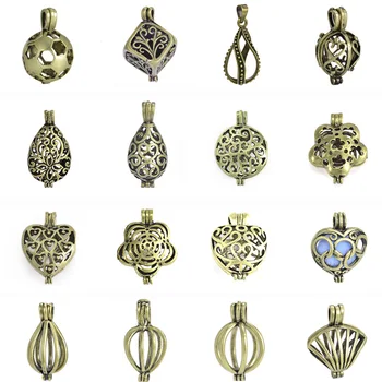 

10pcs Perfume Aromatherapy Essential Oil Diffuser Necklace Locket Pendant Glass Pearl Cage Antique Bronze Locket For DIY Jewelry