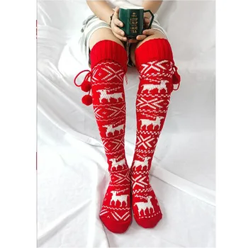 

New year's socks christmas stockings Winter Warm Long Socks High Tights Red Over Knee Knit Socks Women Knitted Stocking Red Gray
