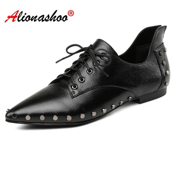 

Women Genuine Leather Rivets Flat Shoes Pointed Toe Lace-up Women Brogues Metal Decoration Casual Shoes Ladies Black Green 34-39