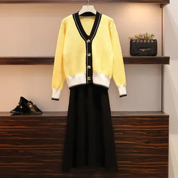 

HAMALIEL Large Size 2019 Autumn 2 Piece Set Fashion Women Yellow Striped Knitted Loose Cardigan Coat + Vest Long Dress Skirt Set