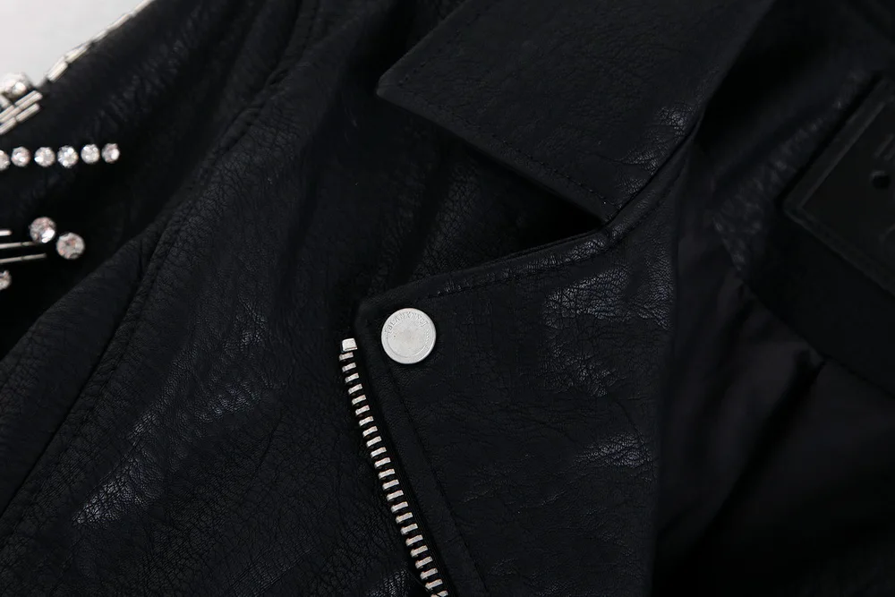 Высокое качество Женская pu кожаная куртка осень Модный Блестящий Кристалл пальто, украшенное бисером короткий топ современная женская черная верхняя одежда