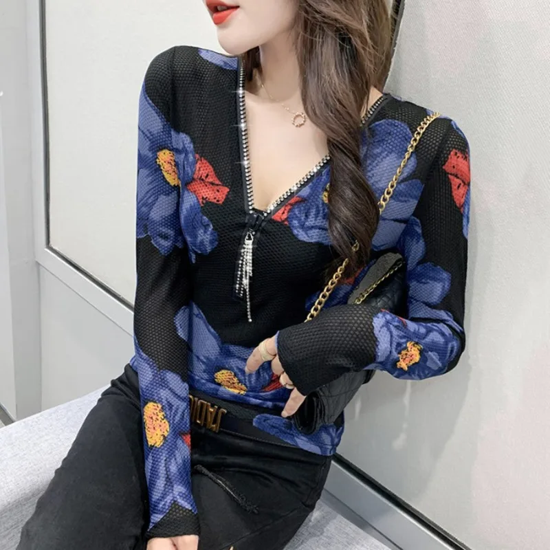 

#8109 женская футболка с цветочным принтом, Сетчатая футболка с V-образным вырезом и молнией