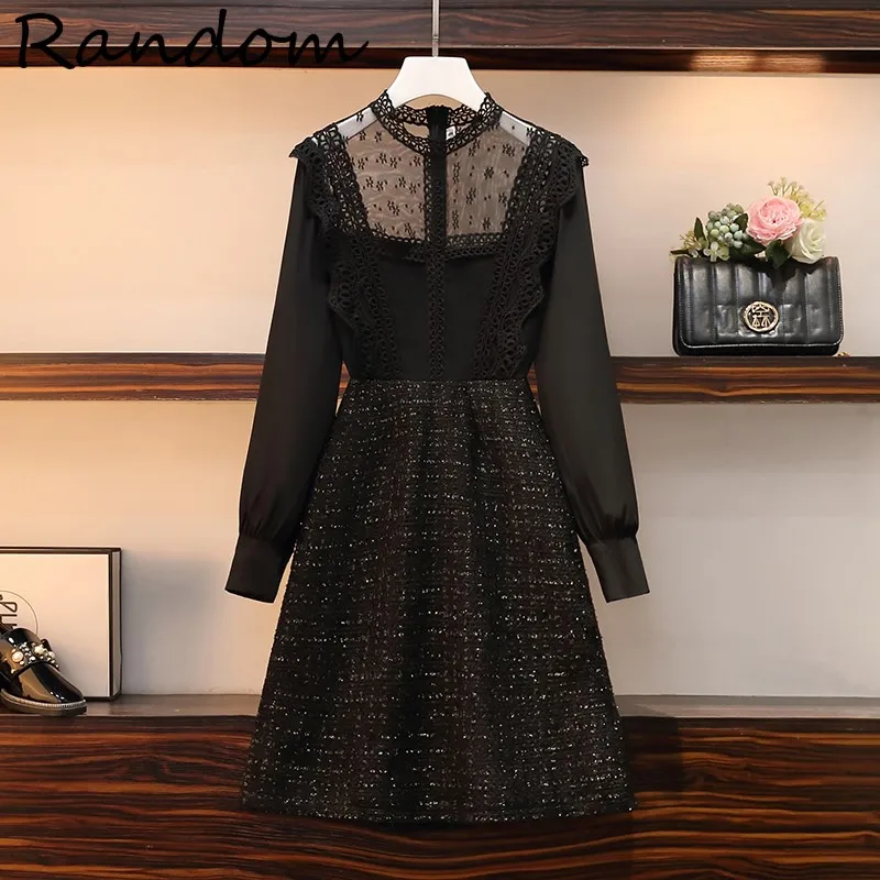 

Plus Size Lace Tweed Patchwork Mini Dress Long Sleeve Sexy Mesh High Waist A Line Elegant Dresses For Woman Spring Fall Clothing