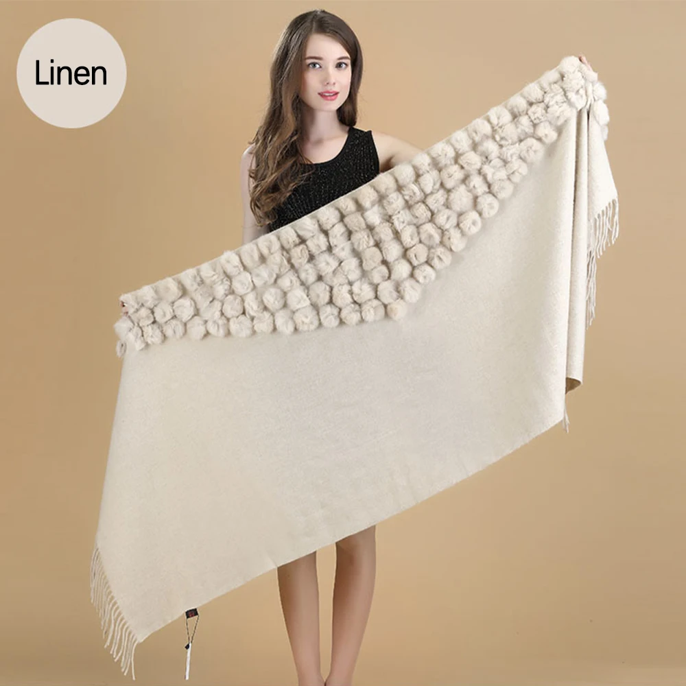 Linen Зимняя теплая Свадебная шерстяная шаль с кисточками для невесты, Женский плотный Одноцветный длинный шарф на каждый день, женские вечерние накидки из кроличьего меха(80% шерсть - Цвет: Linen
