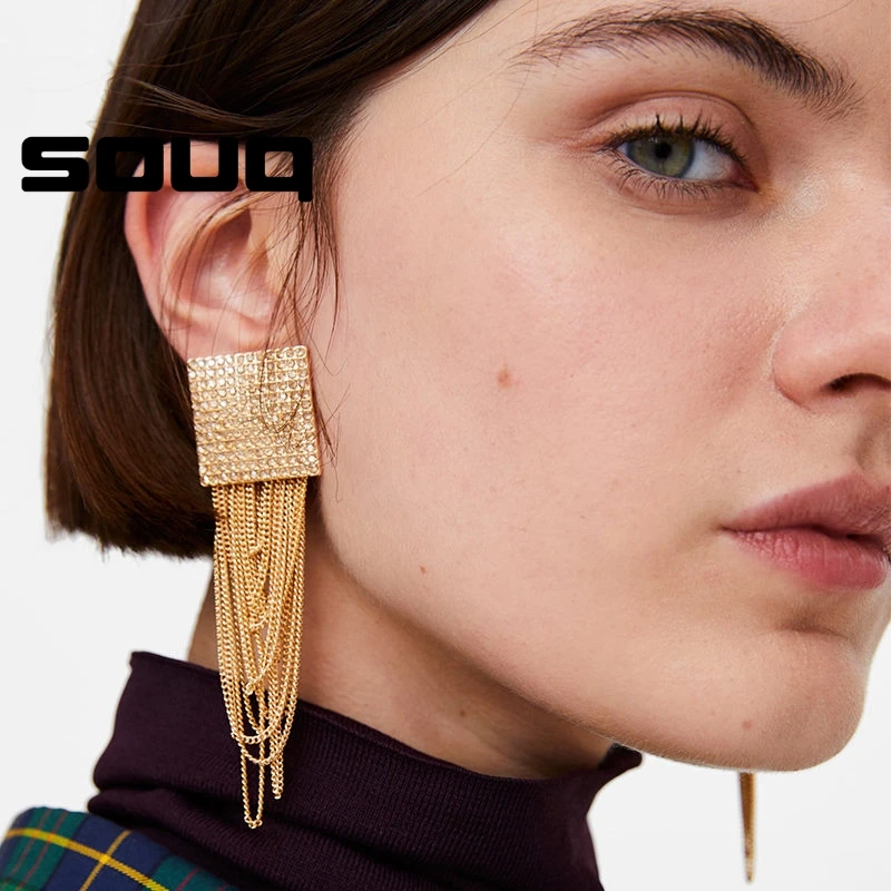 SOUQ New Geometric Charm Drop Earrings Long Crystal Tassel Chain Shiny Zircon Dangle Earring For Women Jewelry Gift Brinco | Украшения и