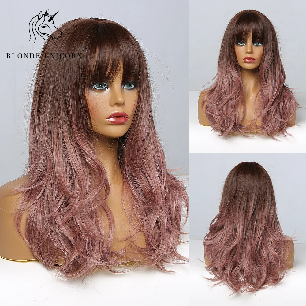 

Blonde Unicorn Medium Long Natural Wavy Ombre Purple Wig With Bangs Daily Use Cosplay Heat Resistant Fiber Hair Wigs for Women