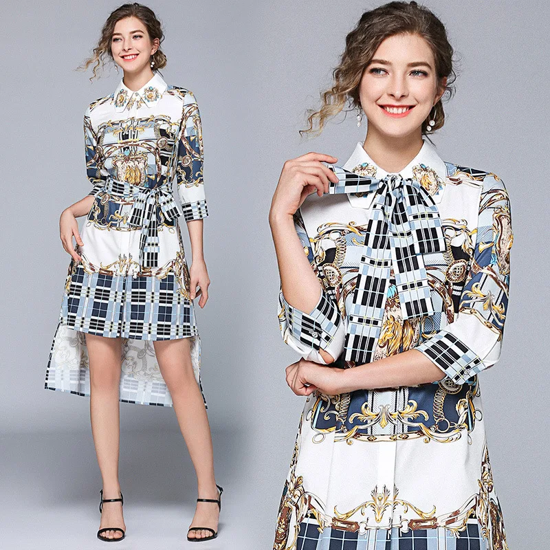 

1616 Europe And America WOMEN'S Dress Fold-down Collar Plaid Printed Shirt Dress Irregular Dress