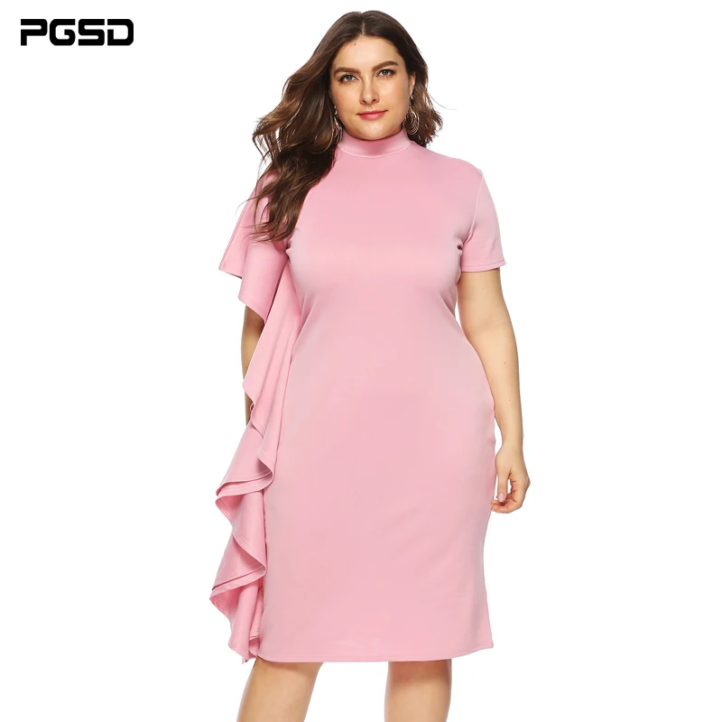

PGSD Spring Summer Casual Big Size Pink Turtleneck Slim Short Sleeve Dress Lrregular Patchwork Ruffle Plus Clothes Female 4XL