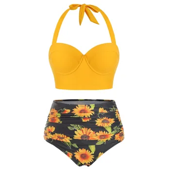 

Women Floral Print Bikini Set High Waist Plus Size Swimming Lace Up Two Piece Swimsuits Halter Mujer Swimwear 2XL-5XL Biquini