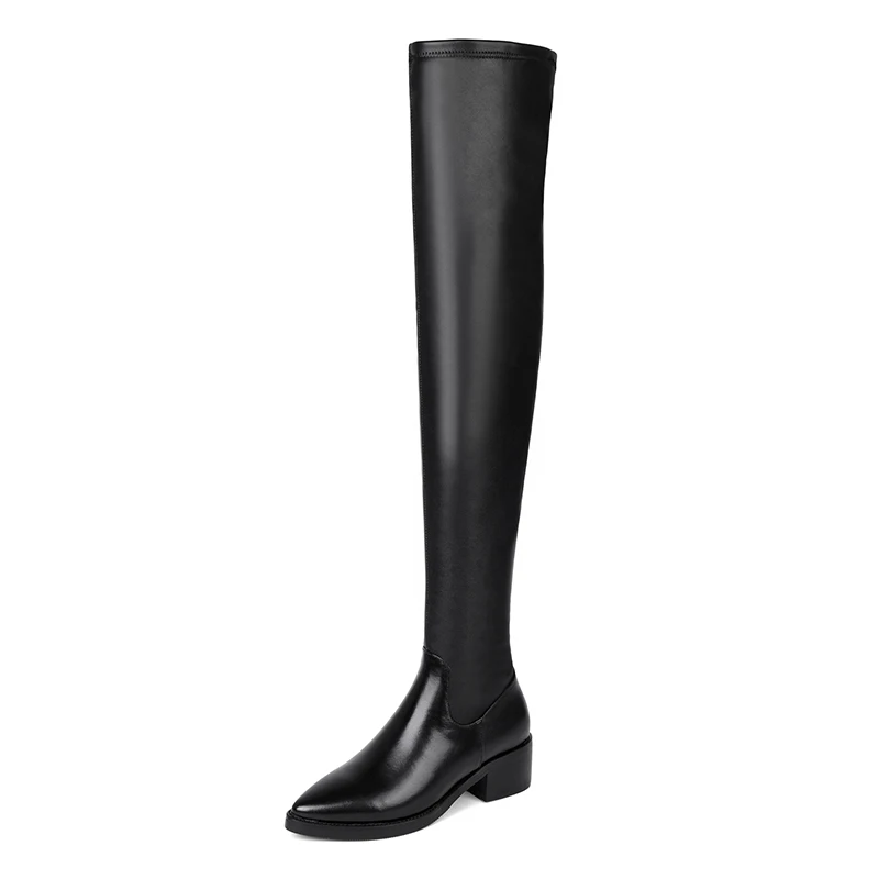 TXCNMB Leather Square Heels Over The Knee Boots Women Dress Wedding Shoes Woman Round Toe Autumn Boots Large Size 43 - Цвет: niupi