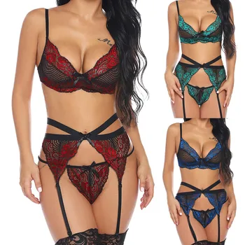 

Top Elasticity Sexy Women's Bra Set Fashionable Ladies Lace Bra Sexy Lingerie With Garter +Thong Set Underwear Lenceria Hot Sale
