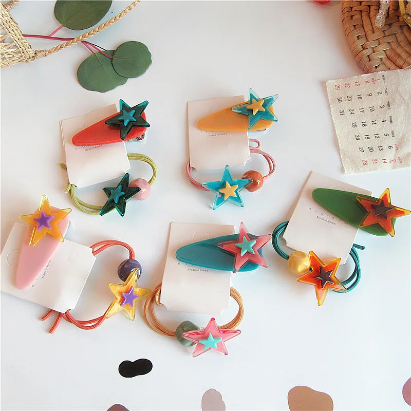 

2 Pcs Beautiful Sweet Colorful Acrylic Hairpins Fashion Children's Rubber Band Hair Accessories Girl Princess Pentagram Headwear