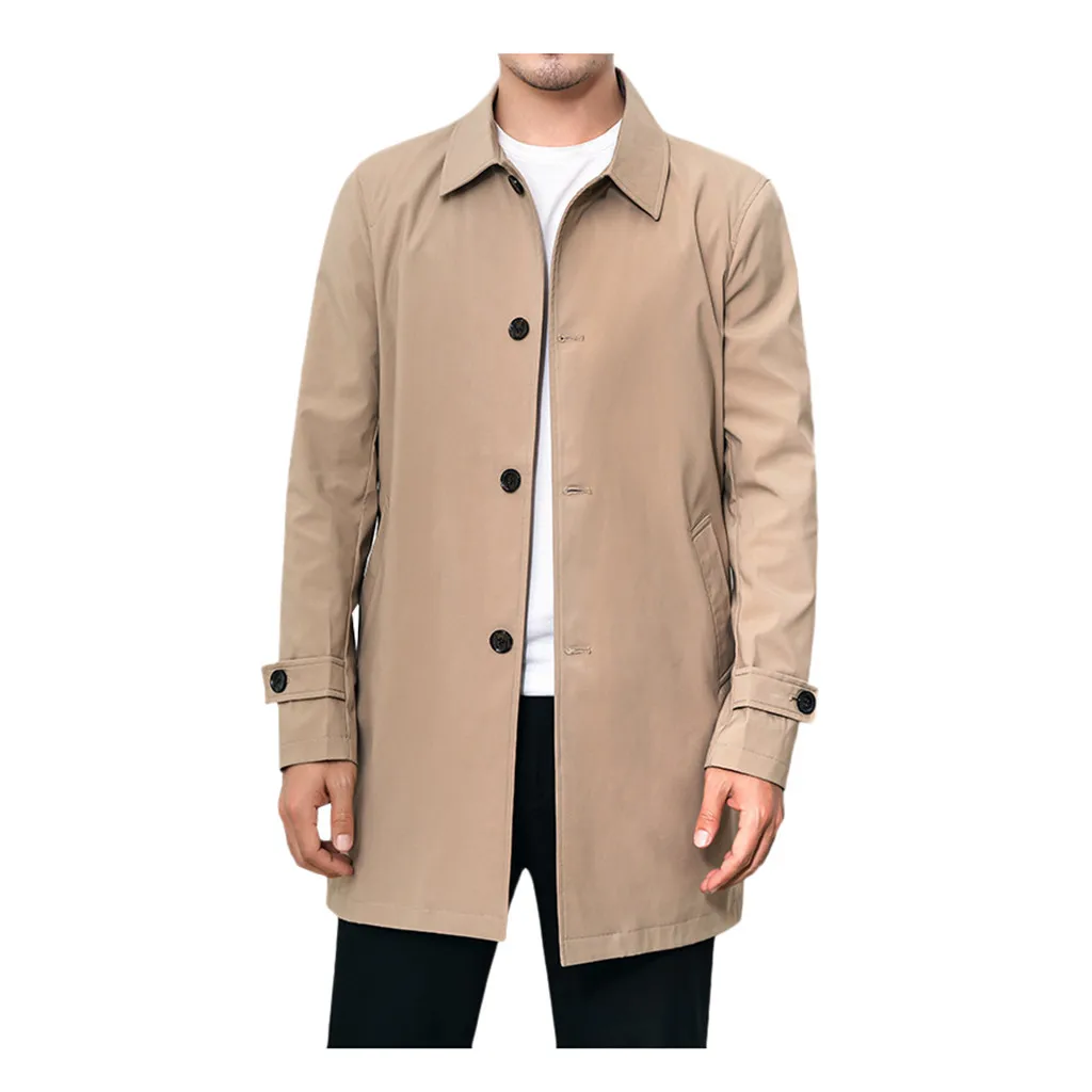 Khaki JAYCOSIN, мужской Тренч, куртка, зима, Повседневный, осень, модный, сплошной цвет, карман, окантовка, цвет, Золотая пуговица, Повседневный, длинный Тренч, пальто#45 - Цвет: Khaki