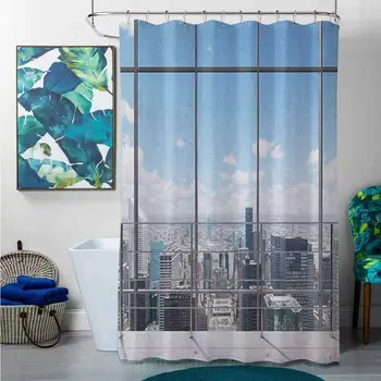 

Shower Curtains Liner with Weights Urban,Modern Office Work Place with View to City Architecture Contemporary Urban Plan, Grey