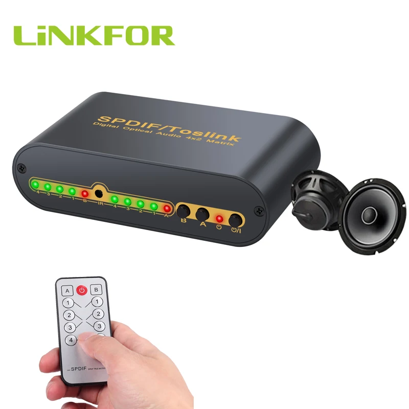 

LiNKFOR 4x2 SPDIF TOSLINK Optical Digital Audio Switcher Switch with Optical Cable 4 in 2 Out With Remote Control Converter