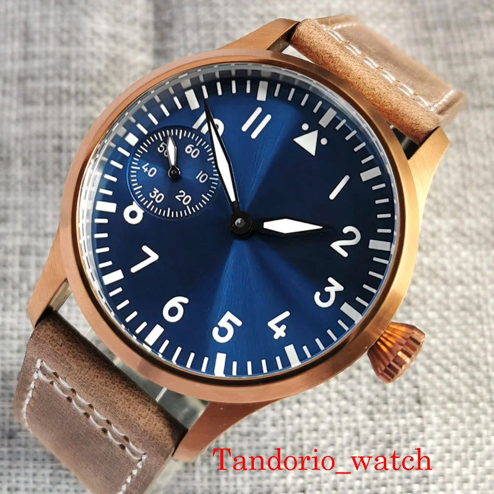 

42MM Corgeut Mechanical 17Jewels 6497 Bronze Coated Hand Winding Men's Wristwatch Sapphire Crystal Luminous Marks Leather Strap