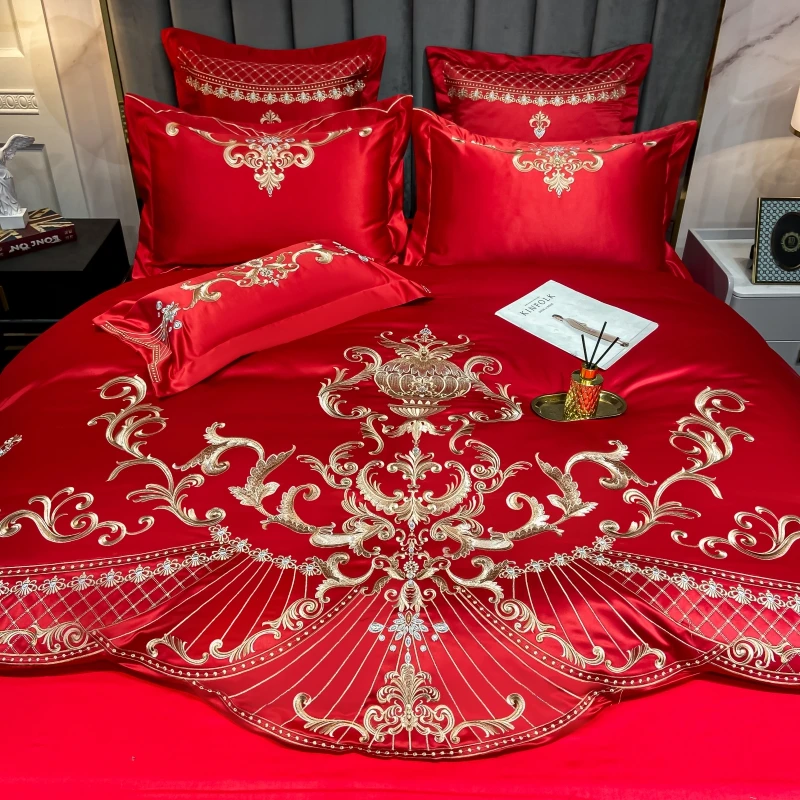 Luxury Gold Royal Embroidery Satin Silk Cotton Bedding Set Smooth Silky Double Duvet Cover Set Comforter Cover And Pillowcases