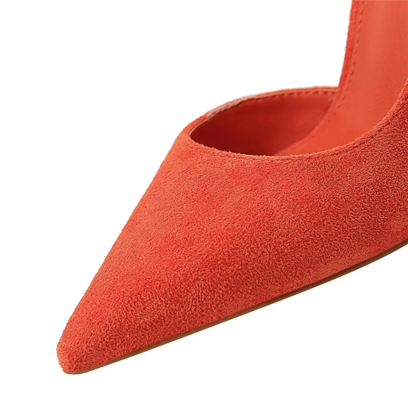 Весенние пикантные женские замшевые туфли-лодочки на высоком каблуке; Цвет фиолетовый, желтый, оранжевый; Летние дизайнерские модельные туфли из флока; Tacones Altos Mujer; большие размеры